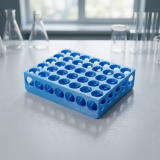 Stohovatelný organizér na 35 lahviček – modrý 3D tištěný organizér na laboratorním stole.