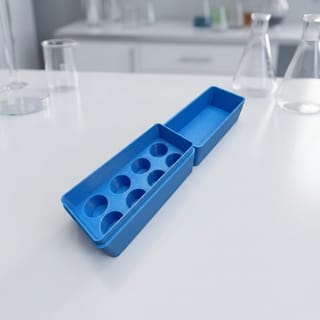 Organizér na malé vialky s víkem – modrý 3D tištěný produkt v reálném prostředí.