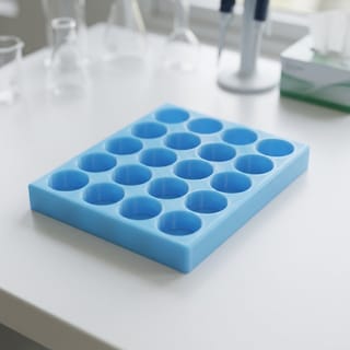 Organizér na vialky 16 mm - 5×4, 20 pozic – modrý 3D tištěný organizér na laboratorním stole.