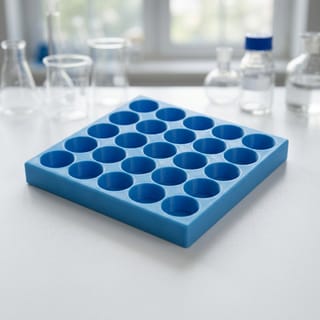 Organizér na vialky 16 mm - 5×5, 25 pozic – modrý 3D tištěný organizér na laboratorním stole.