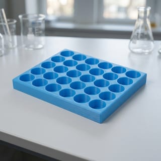 Organizér na vialky 16 mm - 5×6, 30 pozic – modrý 3D tištěný organizér na laboratorním stole.