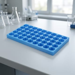 Organizér na vialky 16 mm - 5×9, 45 pozic – modrý 3D tištěný organizér na laboratorním stole.