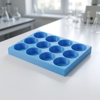 Organizér na vialky 25 mm - 3×4, 12 pozic – modrý 3D tištěný organizér na laboratorním stole.