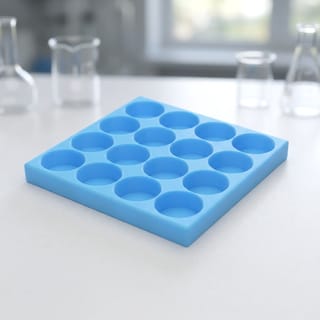 Organizér na vialky 25 mm - 4×4, 16 pozic – modrý 3D tištěný organizér na laboratorním stole.