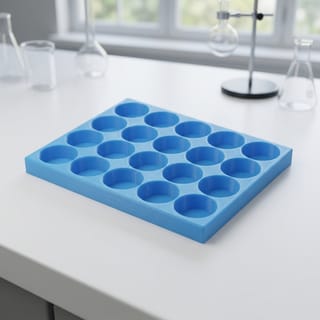 Organizér na vialky 25 mm - 4×5, 20 pozic – modrý 3D tištěný organizér na laboratorním stole.