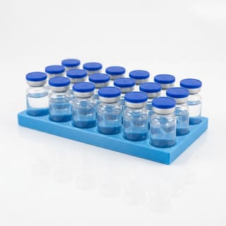 Organizér na vialky 25 mm - 3×7, 21 pozic – modrý 3D tištěný organizér se skleněnými vialkami, pohled zešikma.