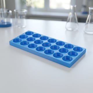 Organizér na vialky 25 mm - 3×7, 21 pozic – modrý 3D tištěný organizér na laboratorním stole.