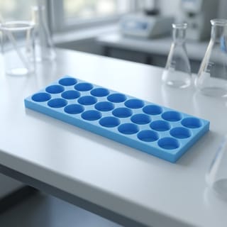 Organizér na vialky 25 mm - 3×8, 24 pozic – modrý 3D tištěný organizér na laboratorním stole.
