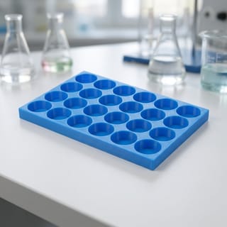 Organizér na vialky 25 mm - 4×6, 24 pozic – modrý 3D tištěný organizér na laboratorním stole.
