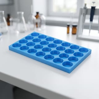 Organizér na vialky 25 mm - 4×7, 28 pozic – modrý 3D tištěný organizér na laboratorním stole.