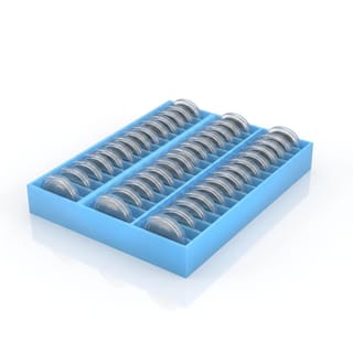 Držák na kapsle mincí – modrý 3D tištěný produkt naplněný obsahem.