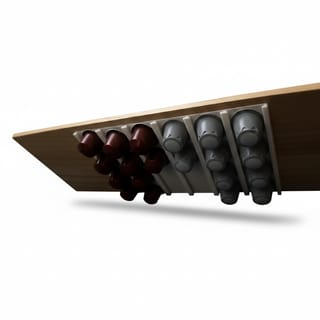 Pohledový držák Nespresso 4x6 plný kapslí pod deskou stolu, zobrazen z úhlu.